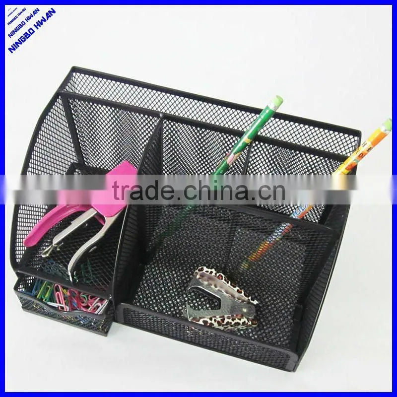 Rectangle 3 compartment metal mesh pen holder and note holder
