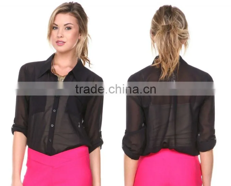 Latest Women Long Sleeve Loose Chiffon Casual Tops Button Down Shirt Ladies Blouse