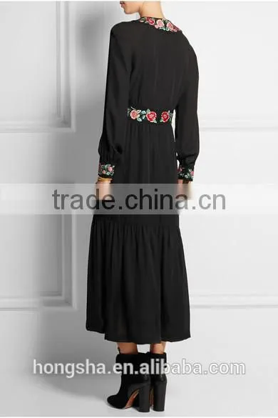 Long Sleeve Black Embroidery Dress Design Latest Women Hand Embroidery Design For Dress HSD6667