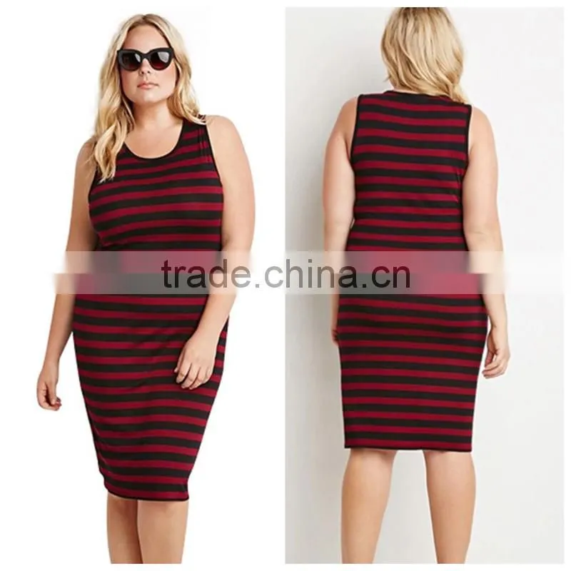 Women plus size spoon neck sleeveless tight cotton knit stripe tank dress