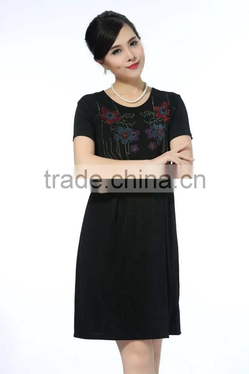 Comfortable short sleeve dresses with flower printed knitted plus size women dresses