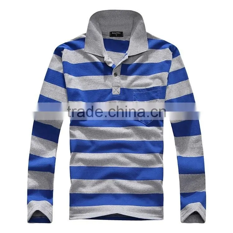 2016 Factory sale brand classic pure Cotton mens striped polo shirt Long sleeve contrast color design sport shirts for man