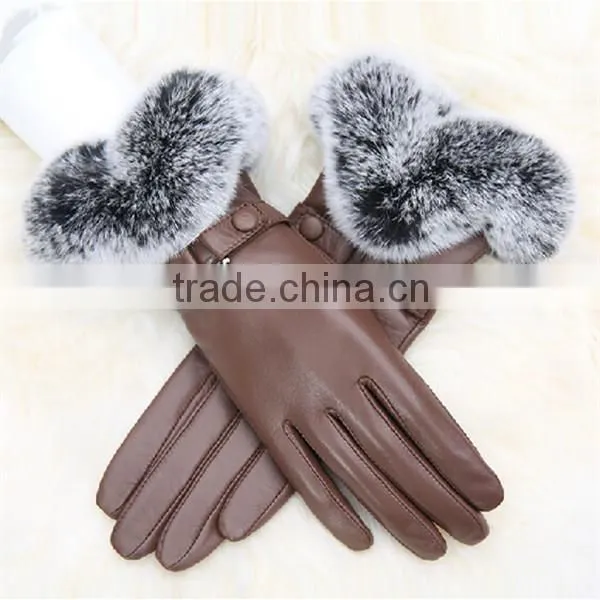 women /ladies classic elegant sheepskin leather gloves with rabbit fur