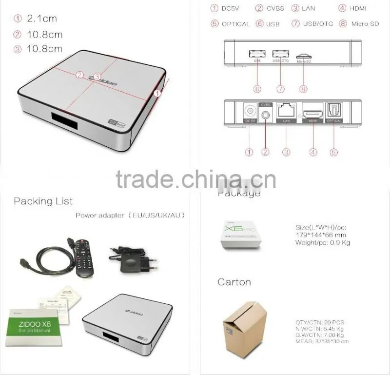 Zidoo x6 pro Android 5.1 TV Box Fully loaded Kodi RK3368 Octa Core 64Bit 2G/16G WIFI 5.8G