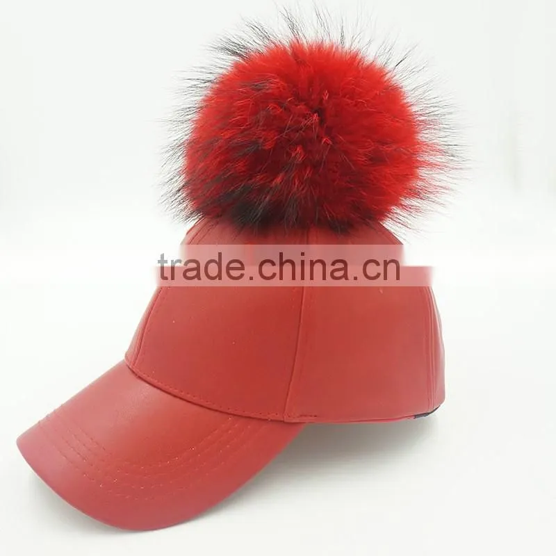 Big genuine raccoon fur ball PU leather baseball caps New 5 panel outdoor waterpoof sport hats
