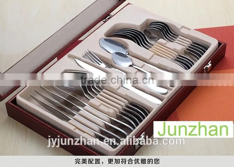 24pcs spoon fork knife sets with plain handle and wooden box packing