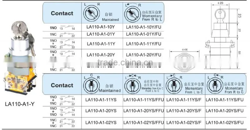 UTL Turn button Switch with Key Dia22mm Self-Reset Self-Locking