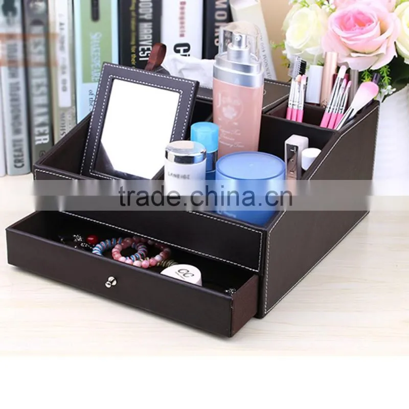 Custom design leather make-up comstic storage box with mirror