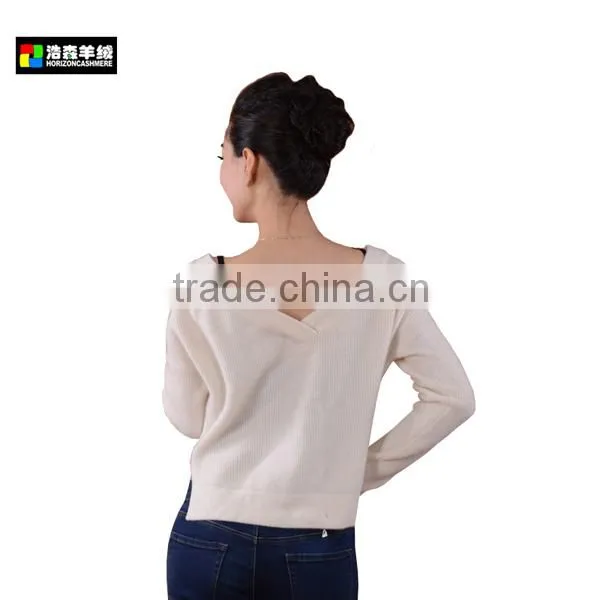 Ladies Knit Deep V Neck Wool Cashmere Sweater, Ladies Trendy White Wool Sweater