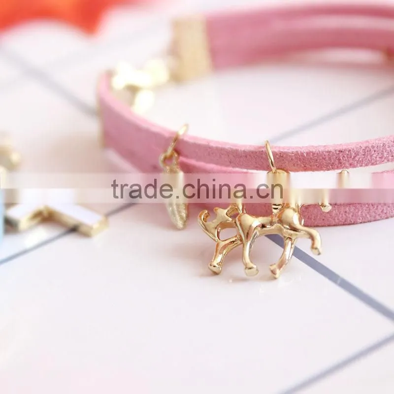 gold love heart cross horse feather charms sude leather bracelet multi layer velvet leather bracelet