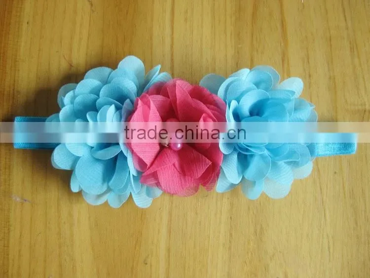 chiffon flower with pearl rhinestone in center for kids hair accessories
