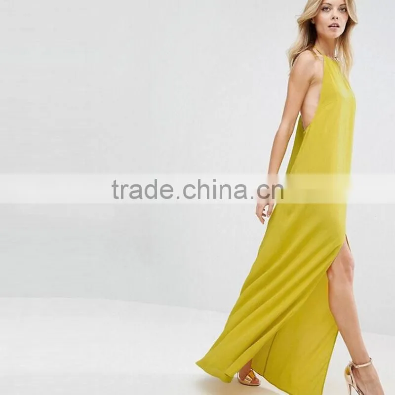 2017 Summer High Neckline Front Split Sexy Long Yellow Dresses For Women HSd9018
