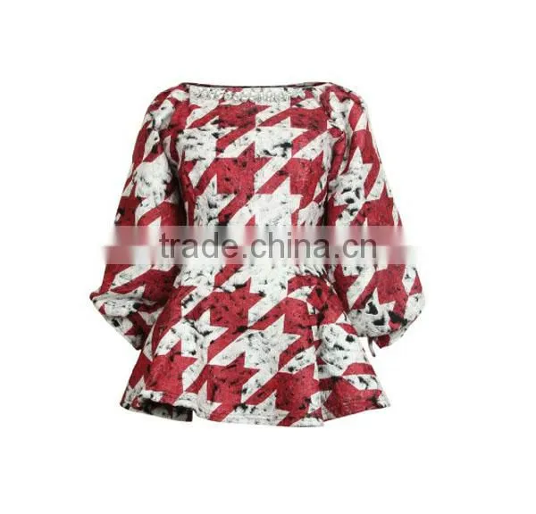 Fashion jarquard crochet ruffle bottom long sleeves high quality direct manufacturer ladies blouse hot style