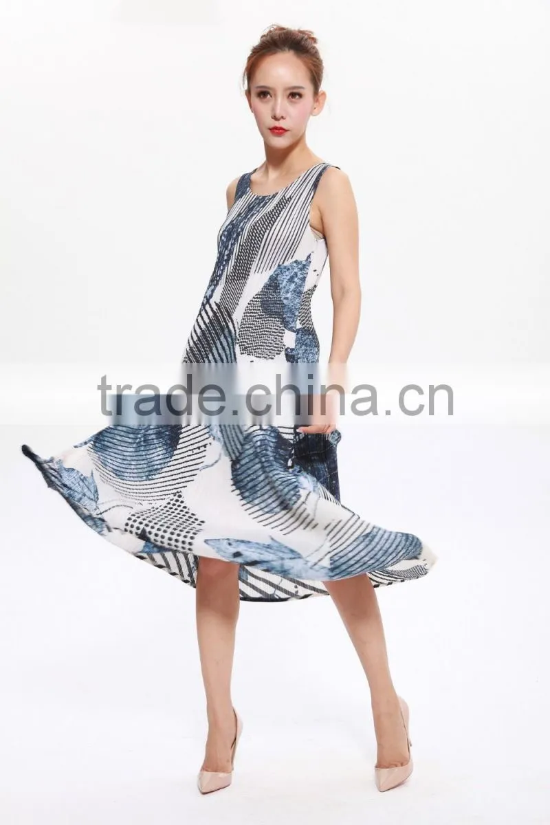 Wash painting goffer sleeveless women summer maxi dress