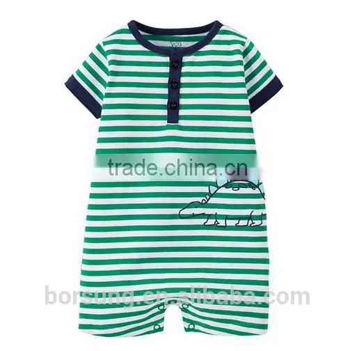 2015 Fashion Short Sleeve Newborn Baby Green White Striped Dinosaur Baby Animal Romper