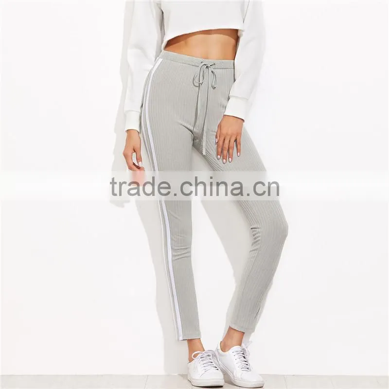 2018 women Sports stretchy Drawstring Waist Side Striped Leggings