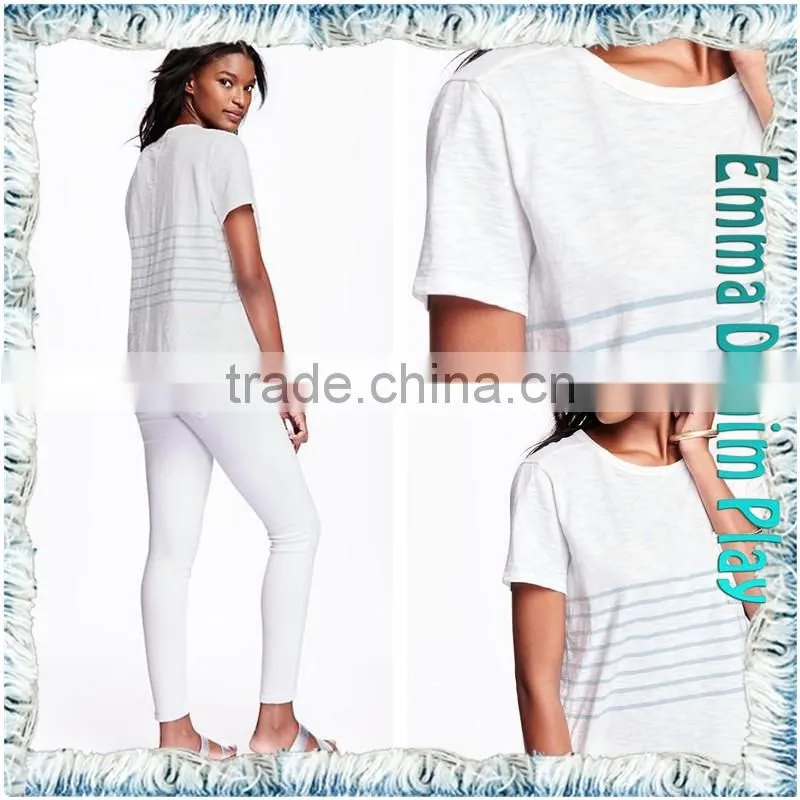 Fashion Models Custom Ladies Stripe Design White Cotton Scoop Neck Tee Shirt