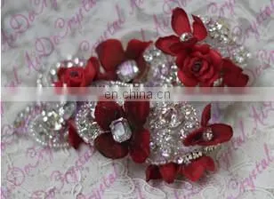 Aidocrystal Red vintage lace wedding hairpiece, ivory lace bridal hair accessories, rhinestone headband with pearl