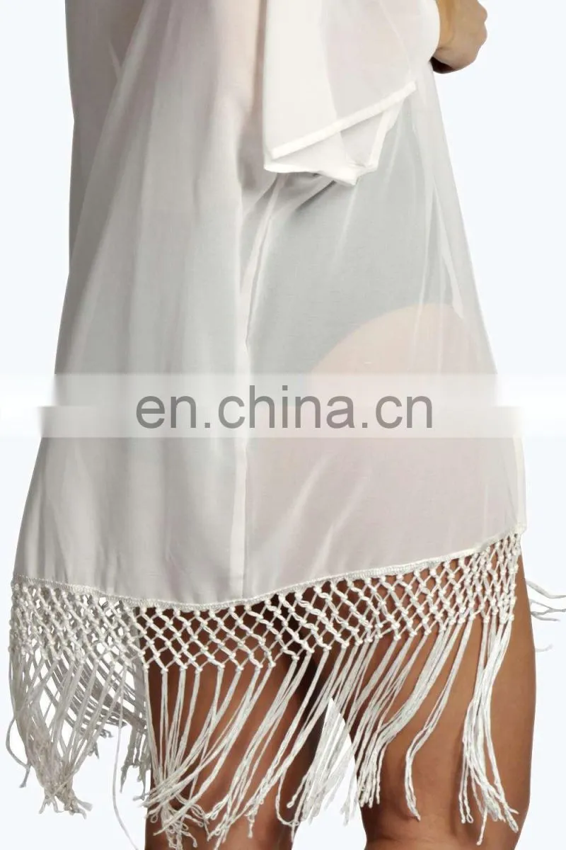 WOVEN FRINGED KIMONO Latest beach kimono soft polyester fabric embroidered kimono