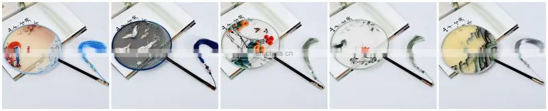 Chinese style multi-pattern silk embroidery dual-faced handmade round fan with long handle and tassel pendant(19*37cm)