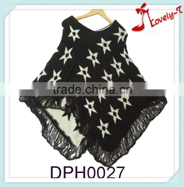 Women crochet knit acrylic pullover poncho sweater pattern with lace
