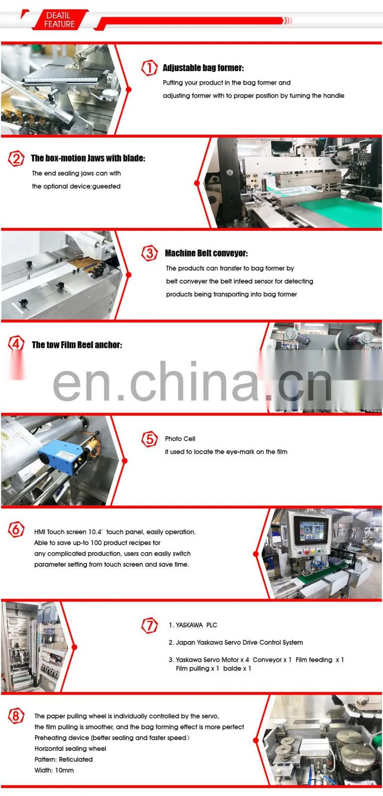 Box-Motion Servo Packaging Machine Rd-BM-408S Belt Feeding and Flow Wrapper Machine