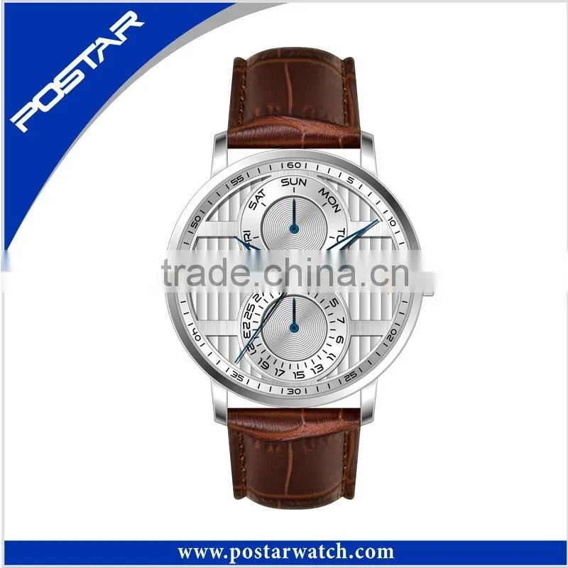 Multifunctional Dual Time Watches Big Face Watch High Quality with Leather Band