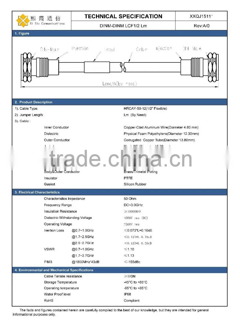 Din male to Din Male 1/2'' feeder jumper cable large q'ty sold to overseas market