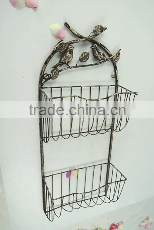 Antique white wire basket retaining wall shelf