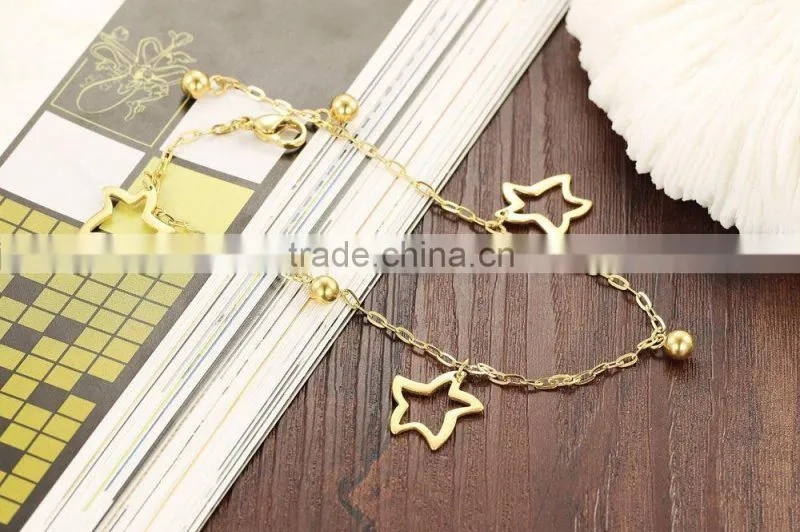 Fashion 18K Gold Plated Stainless Steel Hollow Star Solid Bead Charm Anklets
