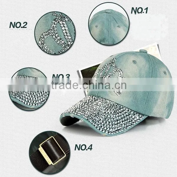 Distressed Denim Baseball Cap With Diamond