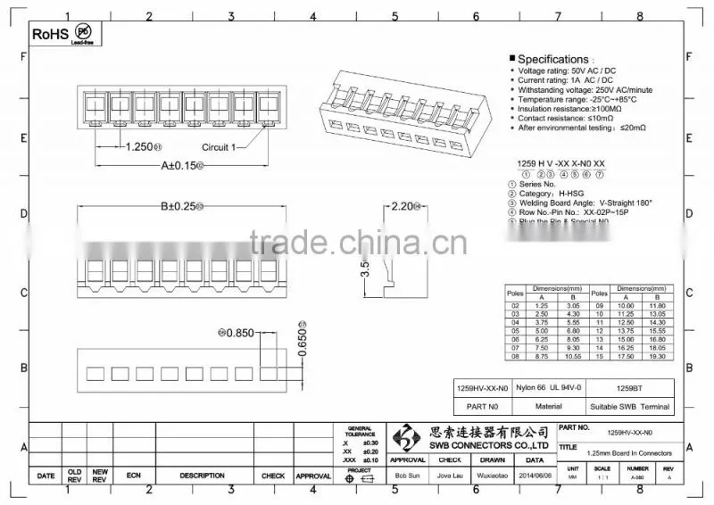 1.25MM Pitch Board-IN Connectors UL approved housing and terminal