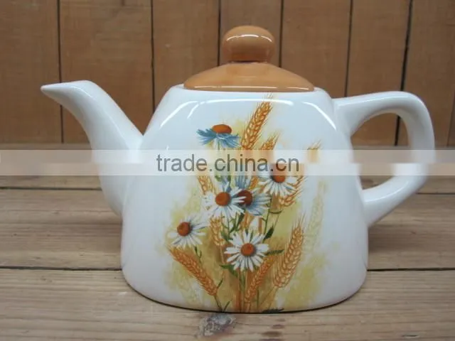 Modern White Ceramic Teapot with Wheat and Daisy Decal