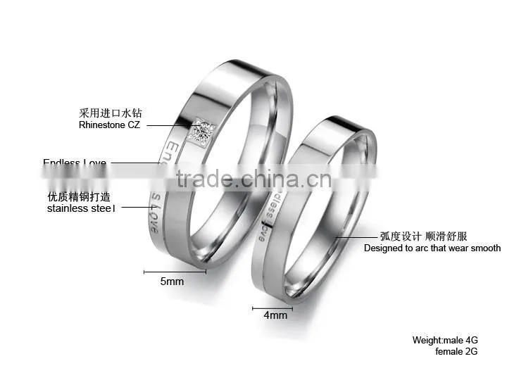 KSTONE new products 2015 316l stainless steel couple diamond engagement ring, wedding ring couple gemstone ring