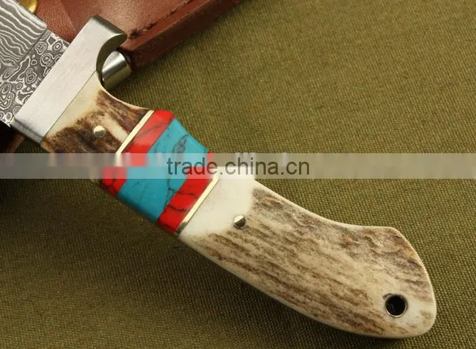OEM Damascus steel antler wood handle full tang knife