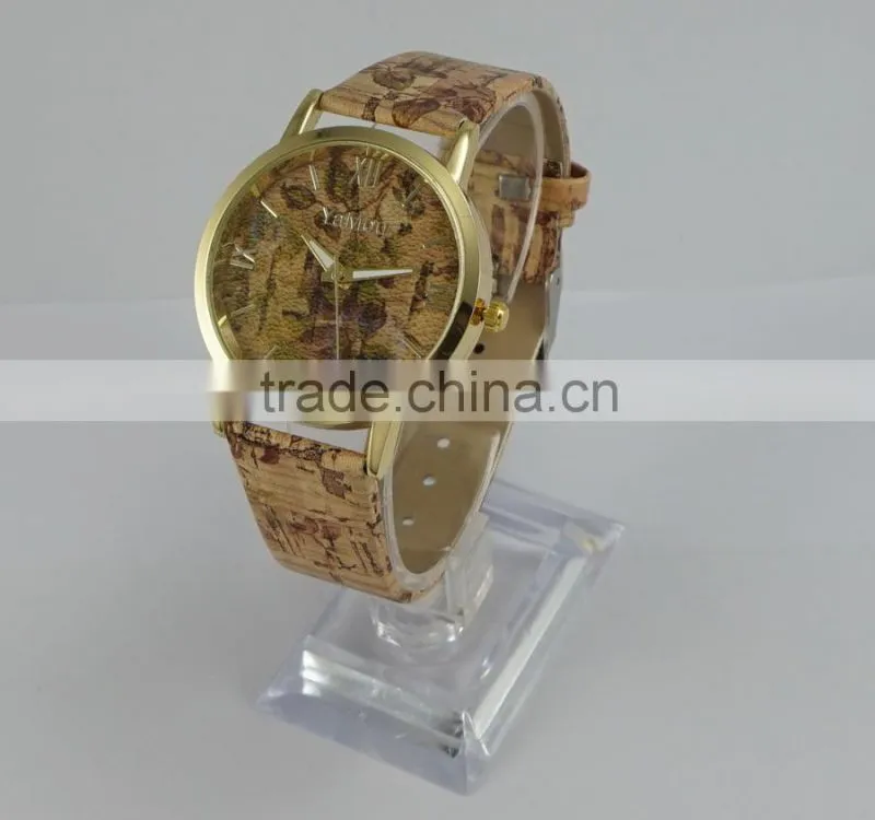 Cheap top sell leather WOODEN print fashion unisex wrist watches