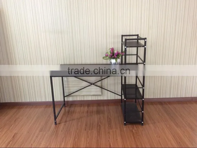 wood computer desk with 4-shelf metal bookcase