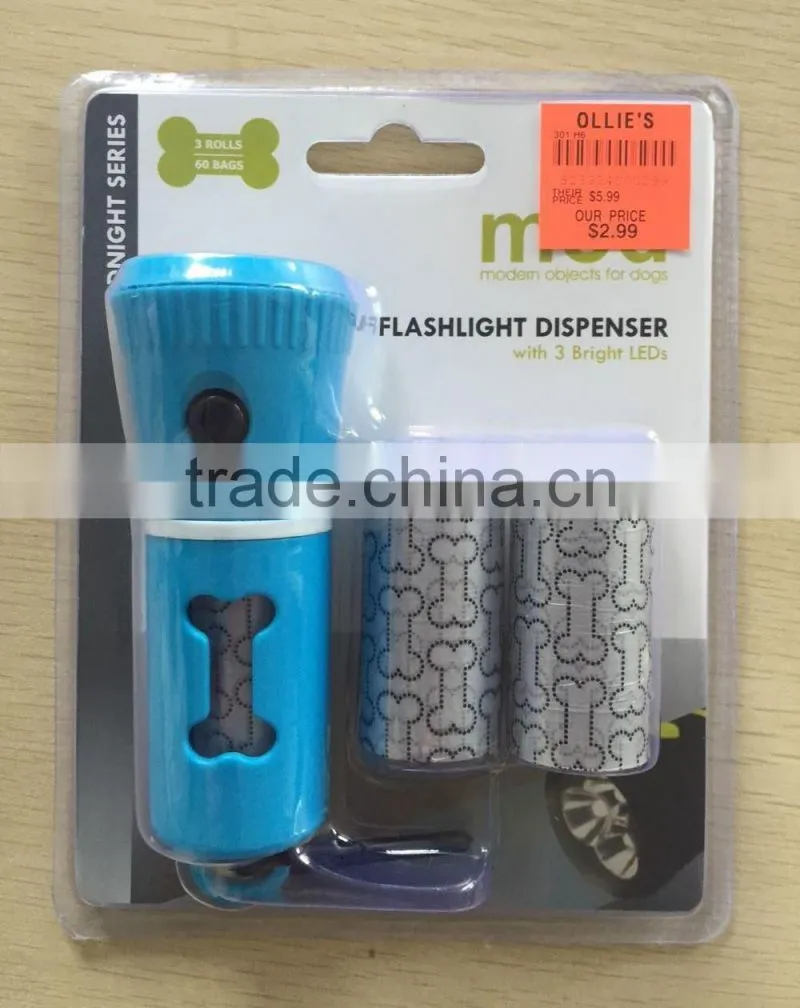 Pet plastic LED flashlight dispenser with pet waste bags