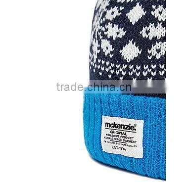 Blue knitted custom pom long cuff beanie