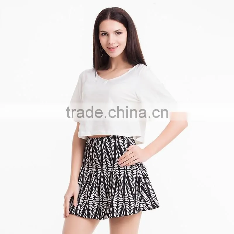 womens fashion style white blank loose classic V-neck crop tops/t shirt