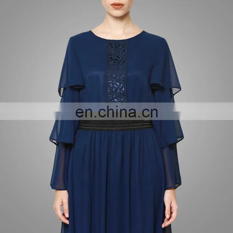 New Arrival Navy Blue Ruffled Sleeves Muslim Women Clothing Chiffon Maxi Dress