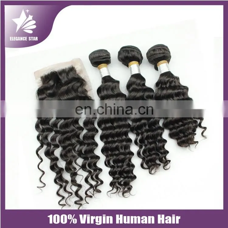 Super 4"*4" Filipino raw indian deep wave deep curl remy human hair weave with middle part lace closure
