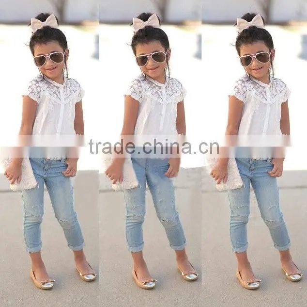 2016 Hot Selling Children Summer Clothes Cowgirl Suits Girls Clothes Sets Fashion Kids Casual Shirt+Jeans 2pcs Sets