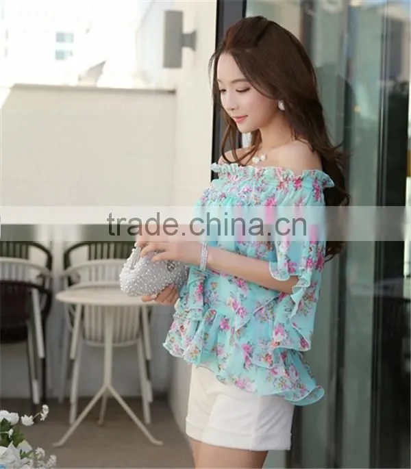2015 lady Flower printed chiffon blouse