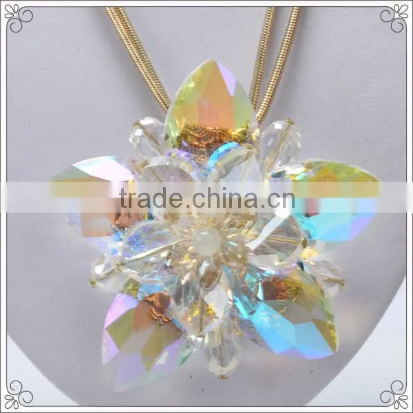 Gold Plated Long Chain Necklace Big Pendant With Colorful Crystal