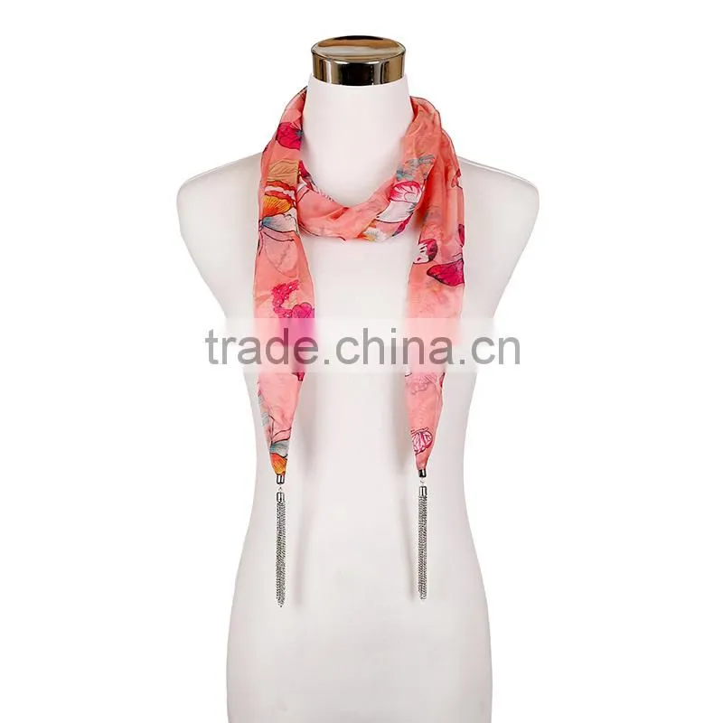 2015 New design functional butterfly print scarf, summer flower tassel scarf