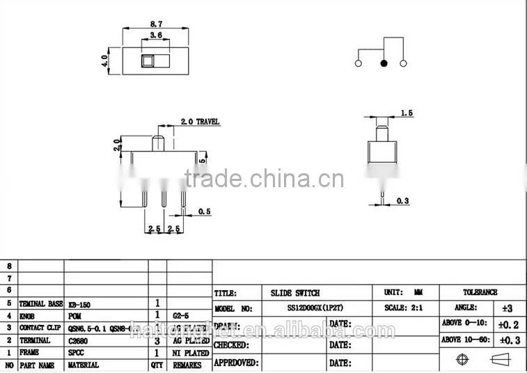 new 2016 3 long pin waterproof slide switch with high quality