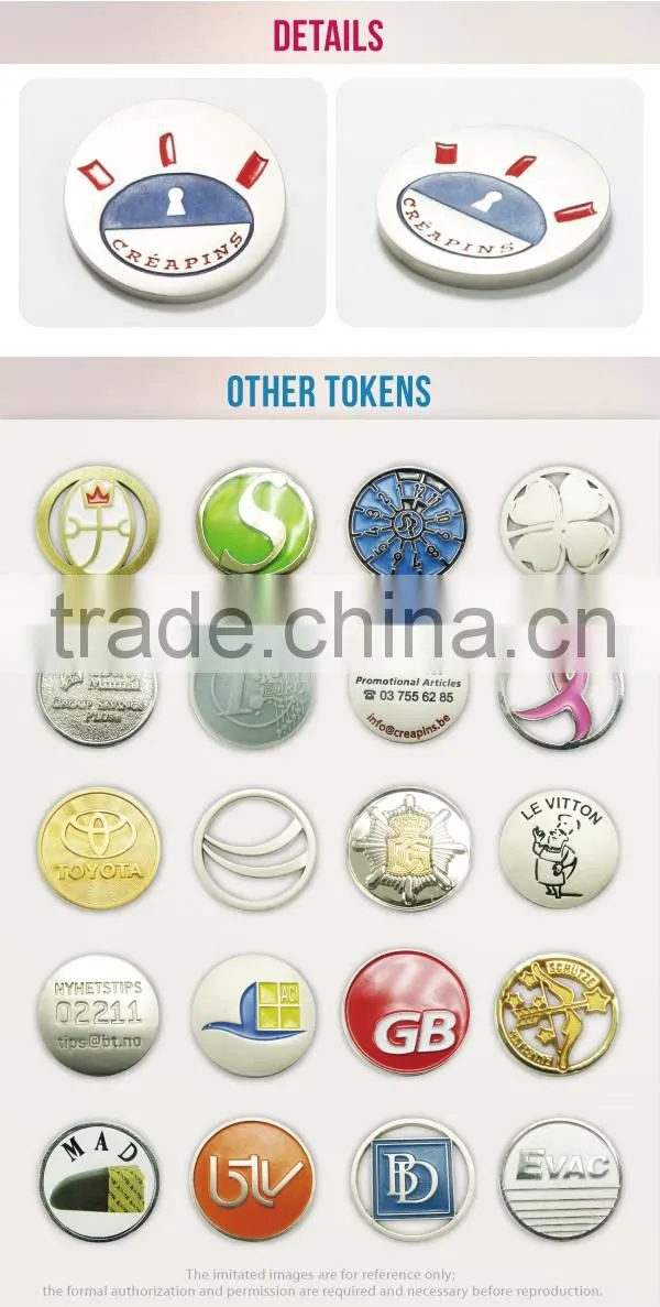 Best selling soft enamel/ cloisonne laser logo nickel metal trolley token