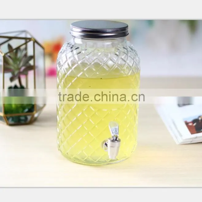 Pineapple glass beverage dispenser with tap and metal lid