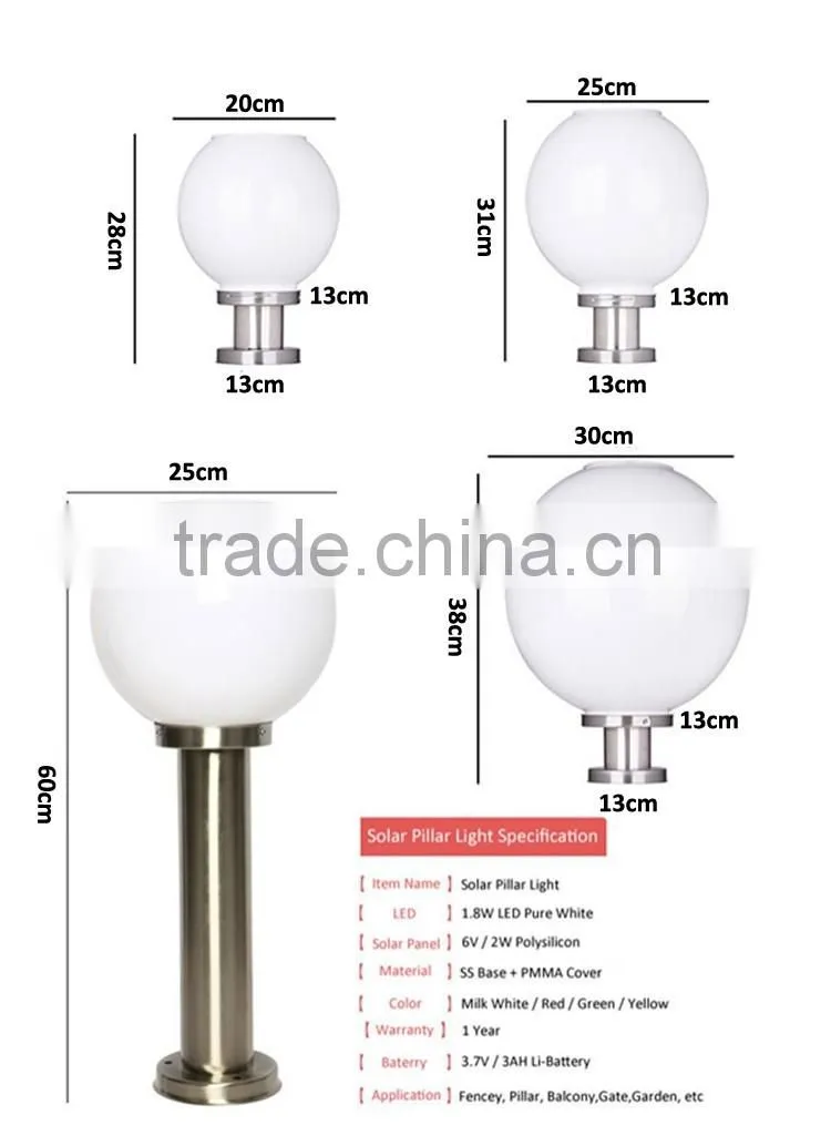 2016 white 20cm round/circle multiple-function stainless steel pedestal solar pillar light